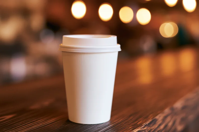 White paper coffee cup on wooden table with blurred warm lights in background