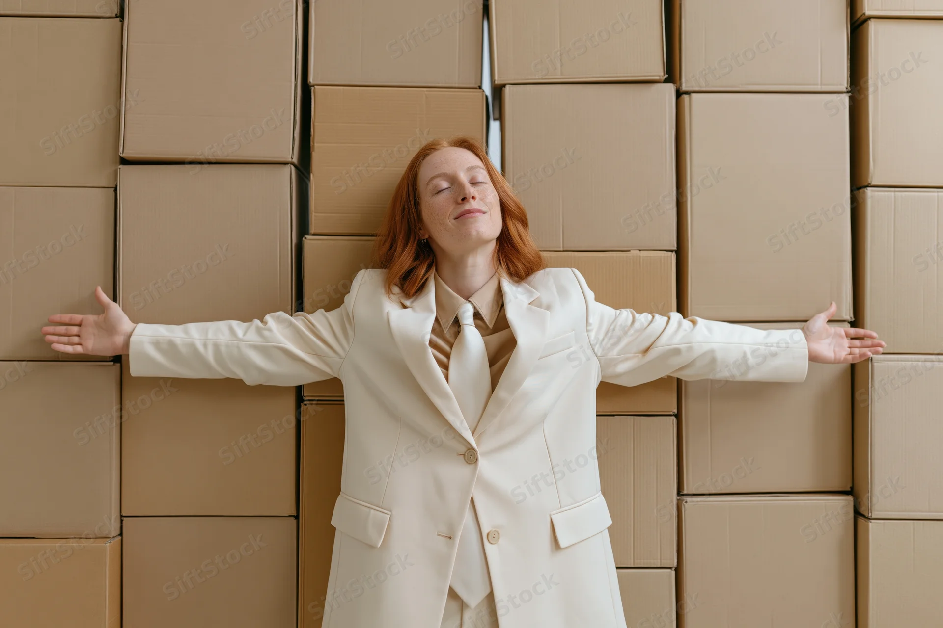 Red-haired woman in cream suit leaning against stacked cardboard boxes with arms outstretched
