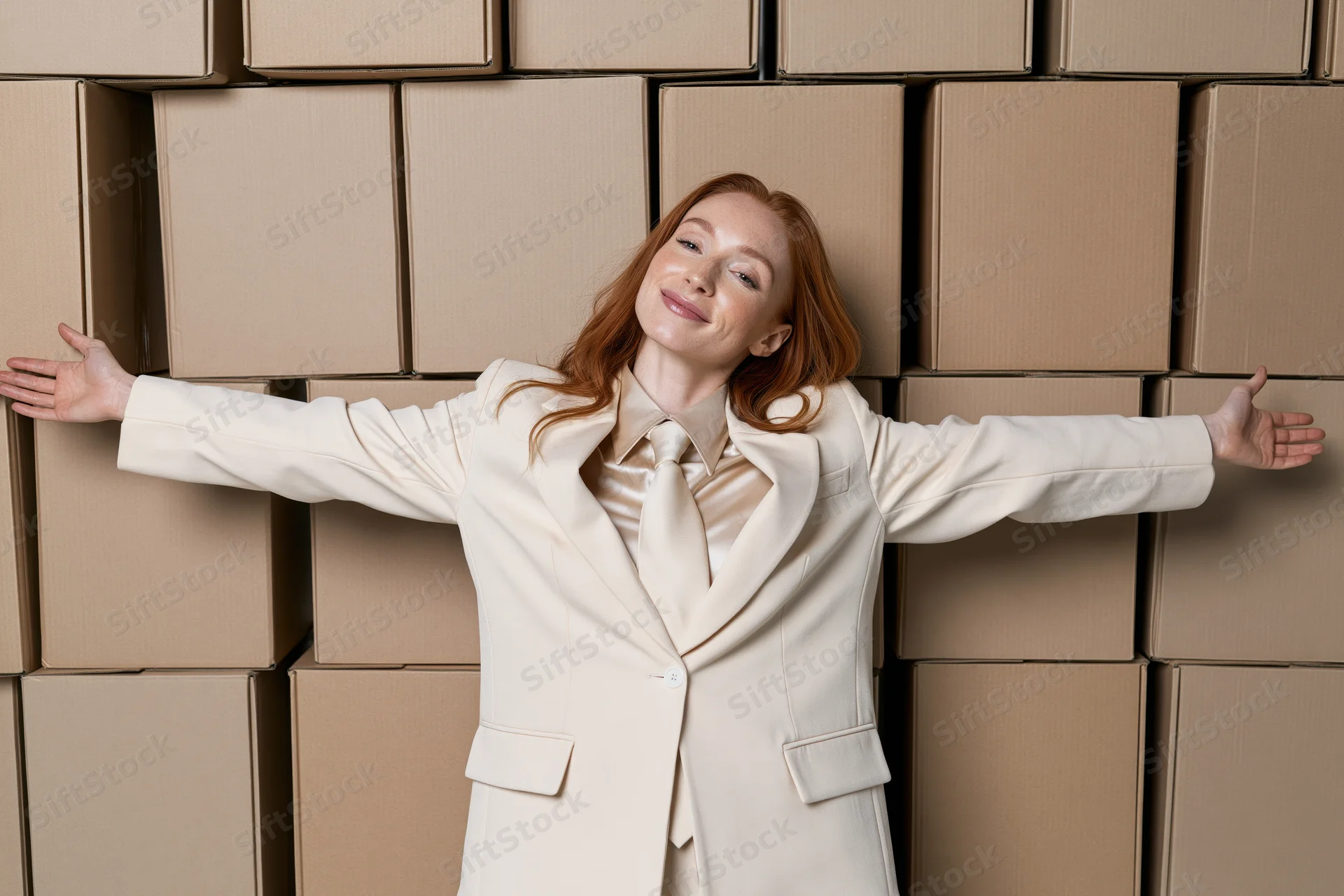Red-haired woman in cream suit with arms out leaning against stacked cardboard boxes