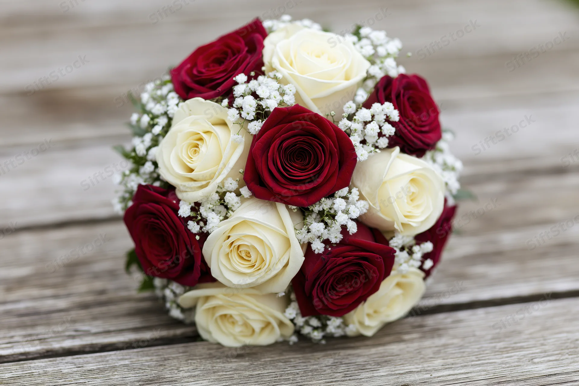 Round bridal bouquet of red and white roses on wooden surface