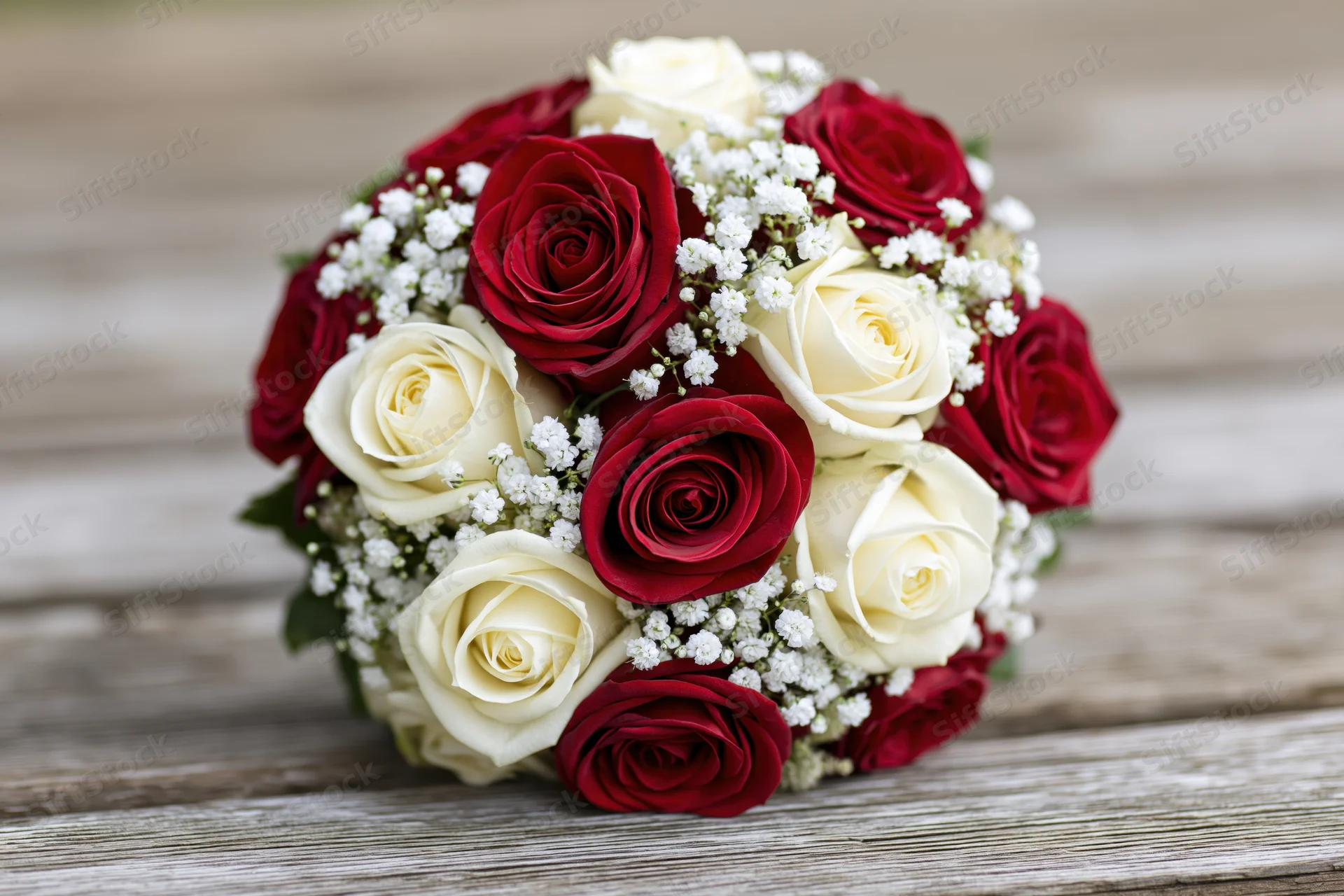 Round bridal bouquet of red and white roses with baby's breath on wooden surface