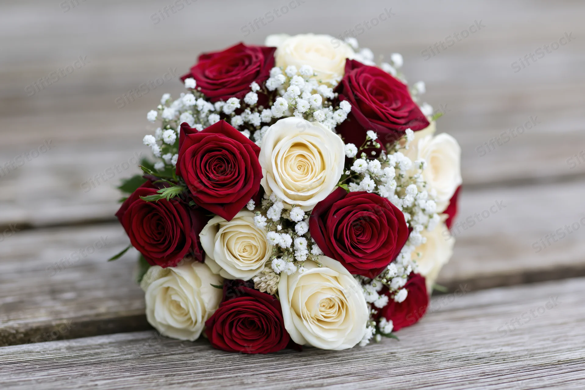 Round bridal bouquet of red and white roses with baby's breath on wooden surface