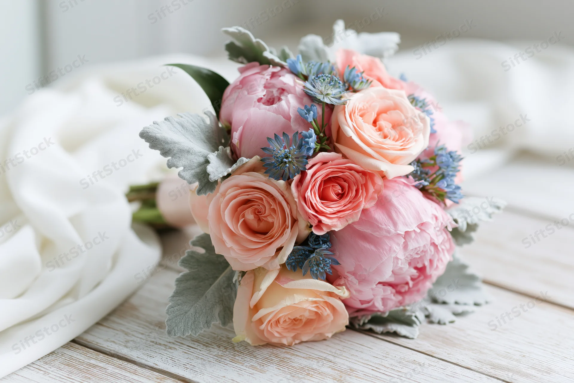 Round bridal bouquet of pink peonies and peach garden roses with blue flowers and silver foliage on a wooden table