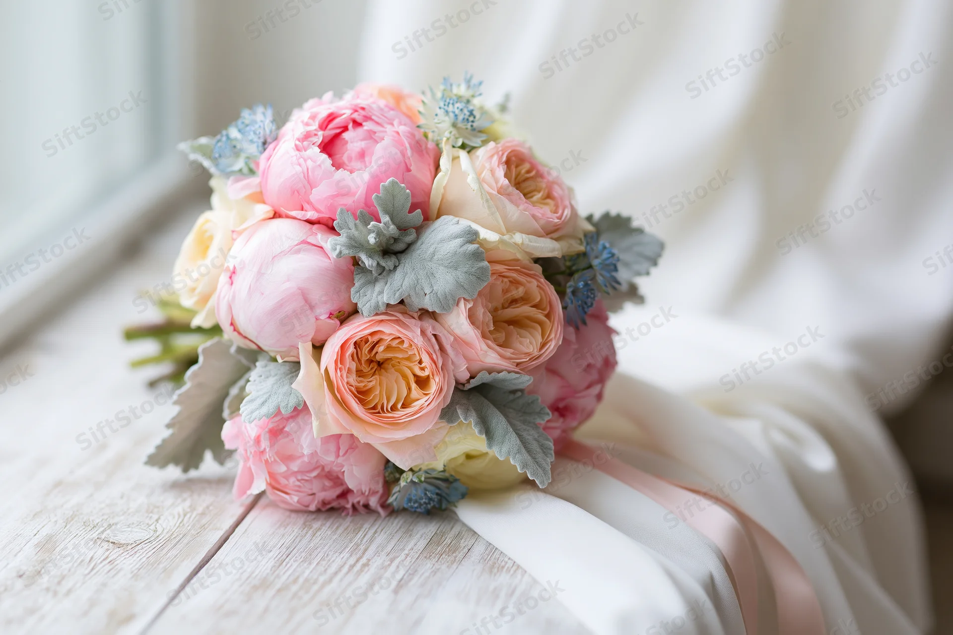 Round bridal bouquet of pink peonies and peach garden roses with dusty green foliage and satin ribbon on a wooden table near a window