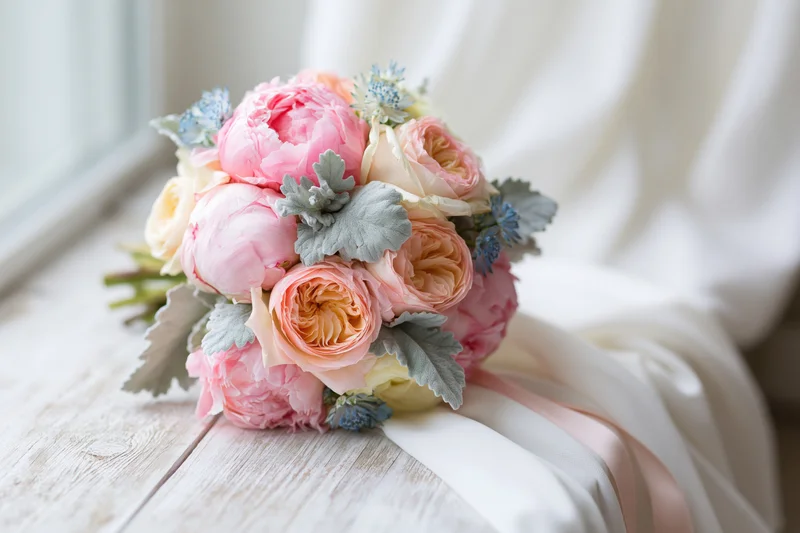 Round bridal bouquet of pink peonies and peach garden roses with dusty green foliage and satin ribbon on a wooden table near a window