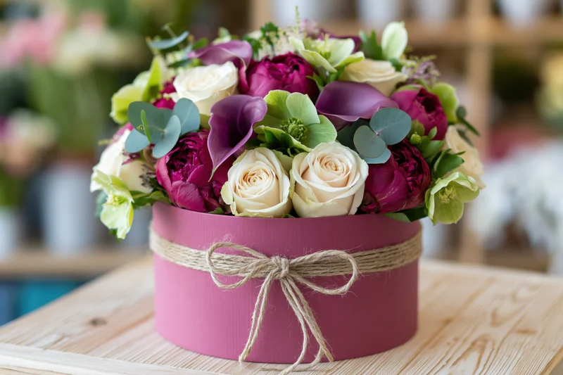 Floral arrangement of roses, peonies and calla lilies in a pink hat box tied with twine, on a wooden surface