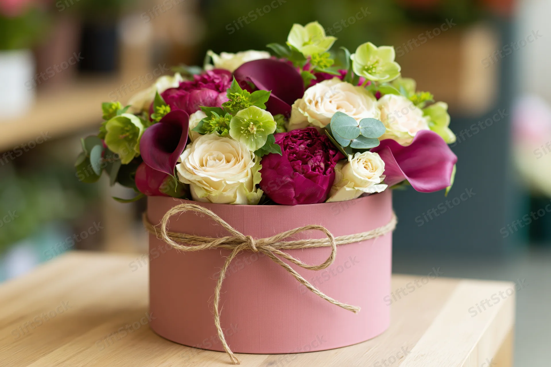 Floral arrangement in a pink hat box tied with twine on a wooden surface