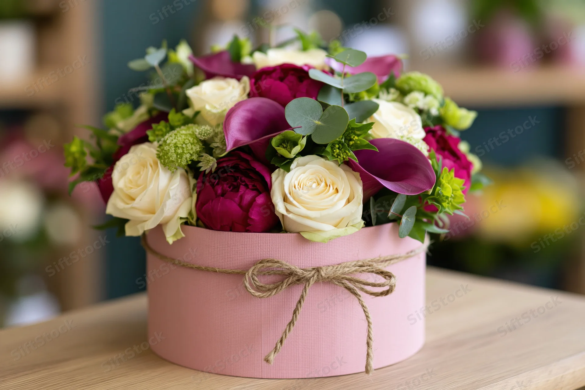Floral bouquet with roses, peonies and calla lilies in a pink hat box tied with twine bow on wooden table
