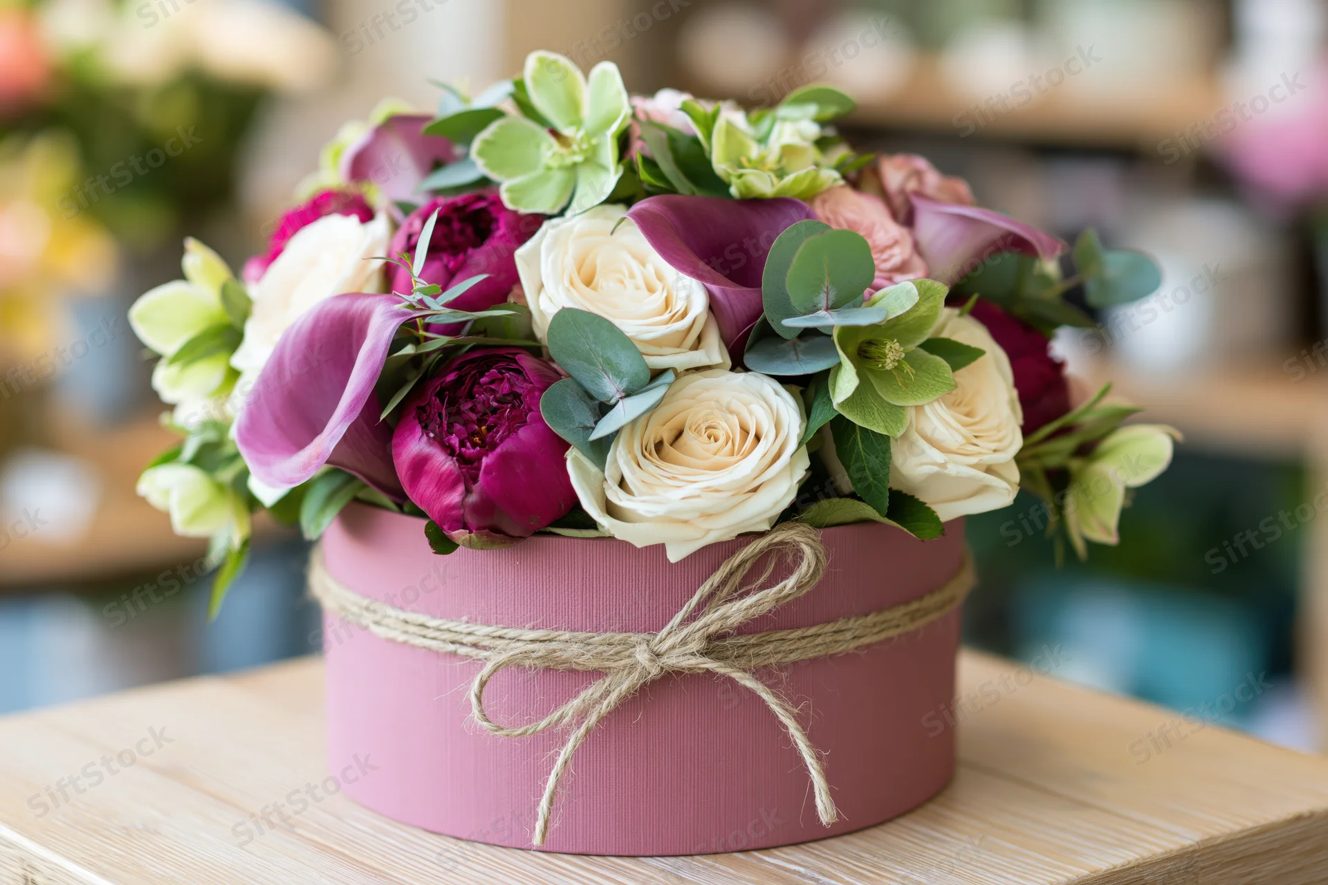 Floral bouquet with roses, peonies, and calla lilies in a pink hat box tied with twine on a wooden table