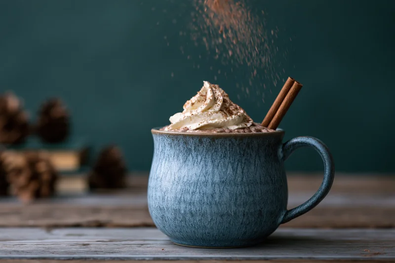 Blue ceramic mug filled with hot cocoa topped with whipped cream and cinnamon sticks on wooden table