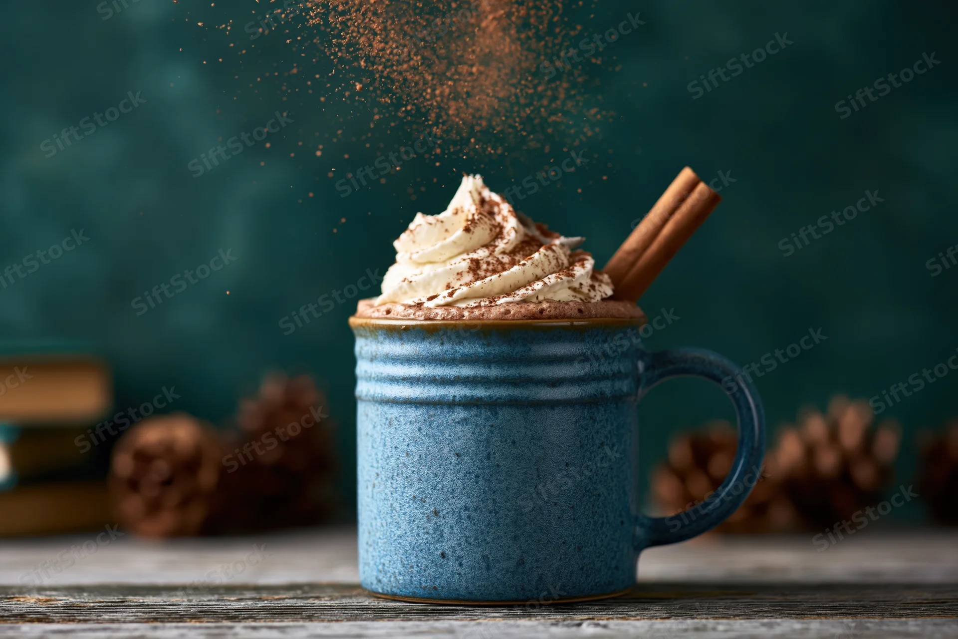 Blue ceramic mug filled with hot cocoa topped with whipped cream and cinnamon sticks on wooden table with pinecones in background