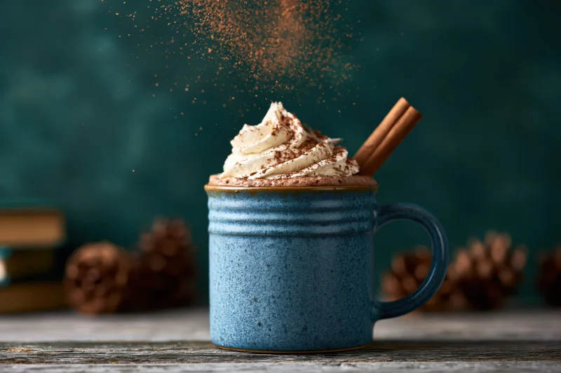 Blue ceramic mug filled with hot cocoa topped with whipped cream and cinnamon sticks on wooden table with pinecones in background