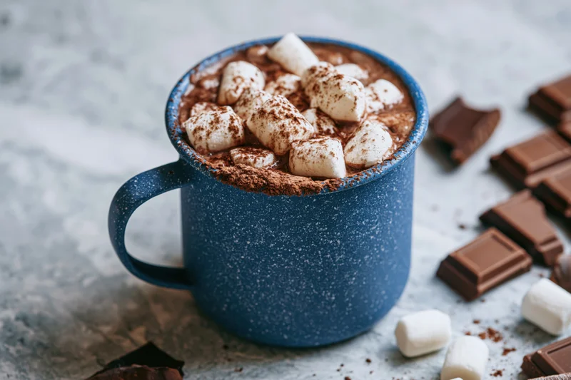 Blue enamel mug filled with hot chocolate topped with marshmallows and cocoa powder on a textured surface with chocolate pieces scattered around