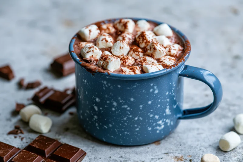 Blue enamel mug filled with hot chocolate topped with marshmallows and cocoa powder on a stone countertop