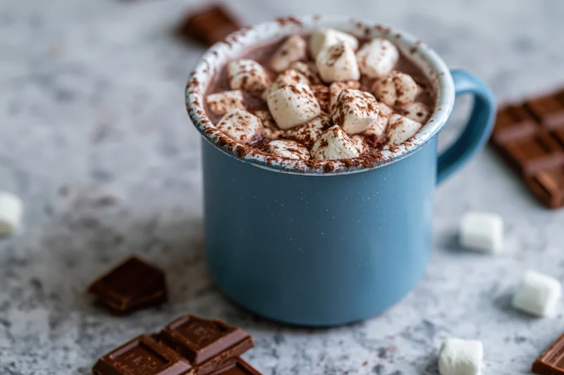 Blue enamel mug filled with hot chocolate topped with marshmallows and cocoa powder on a textured surface with chocolate pieces scattered around