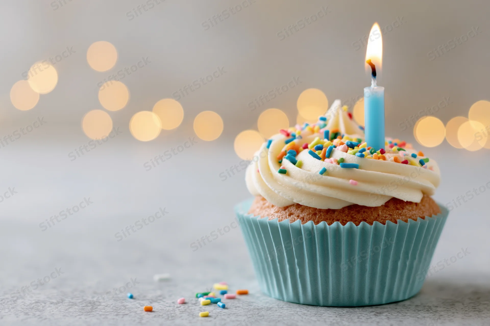 Single birthday cupcake with lit candle and sprinkles on textured surface, blurred lights behind