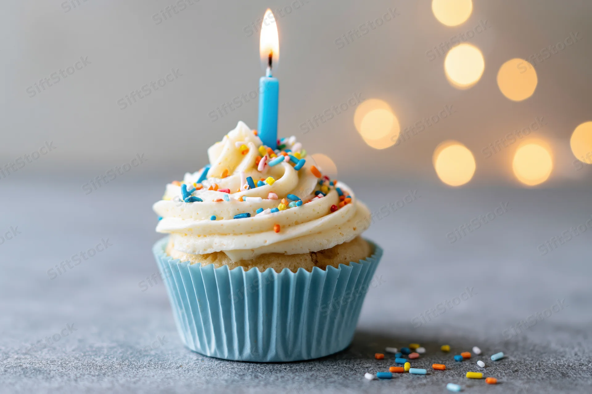 Single birthday cupcake with lit candle and sprinkles on gray surface
