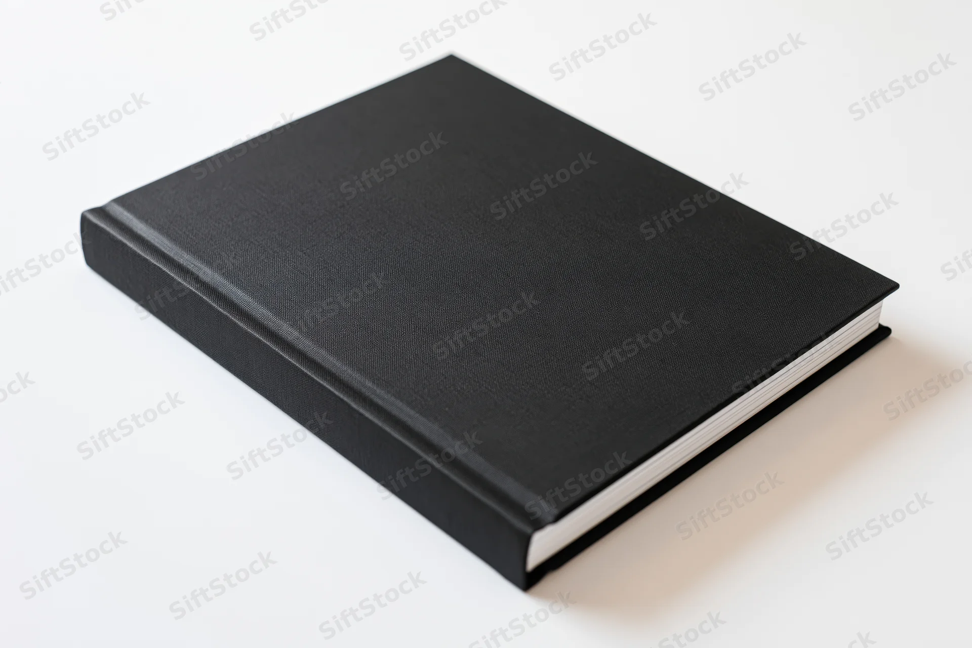 Black hardcover book with blank cover resting on white surface