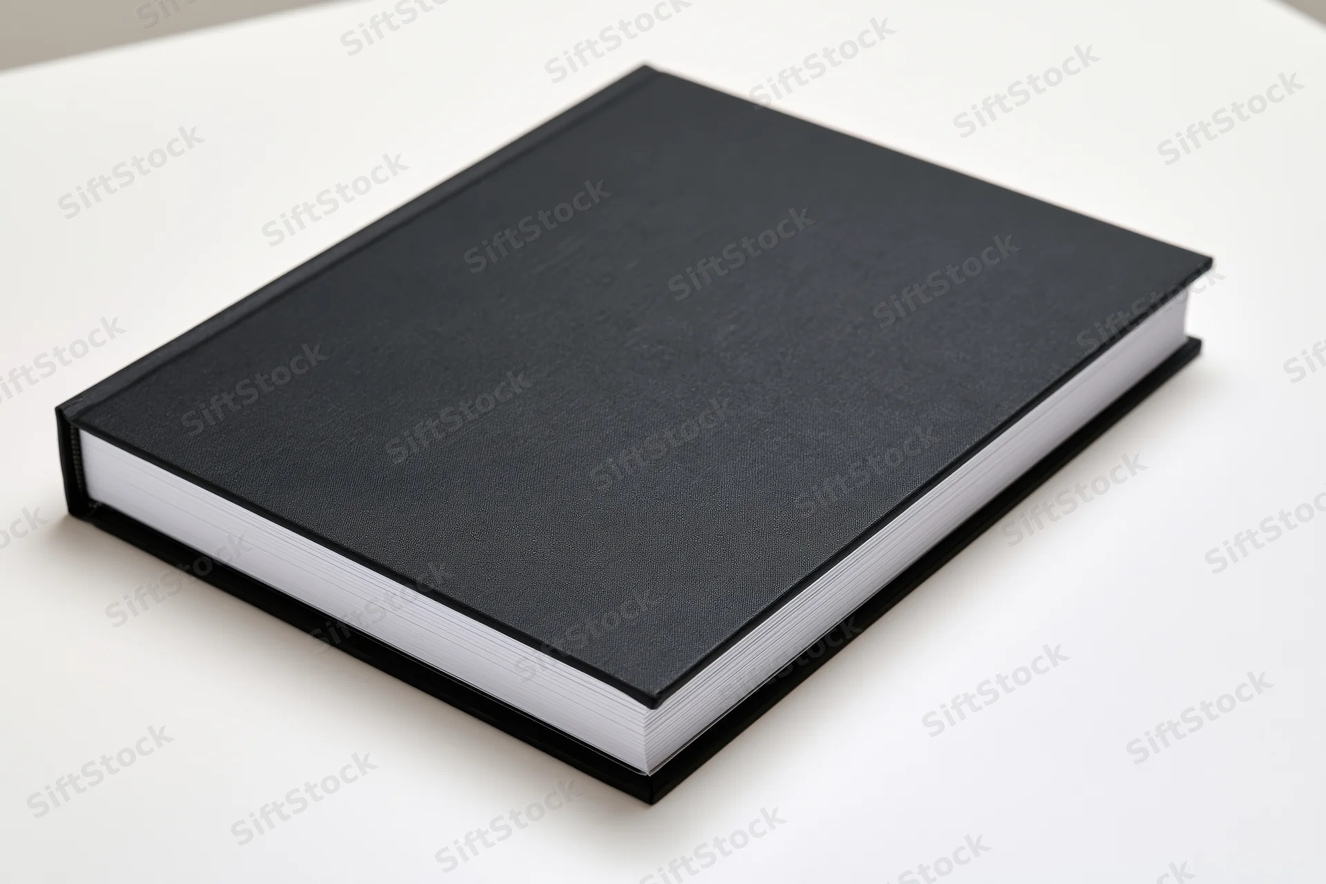 Black hardcover book with blank cover resting on white surface