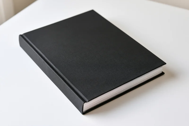 Black hardcover book with blank cover resting on white table