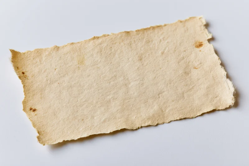 Torn aged paper fragment lying flat on white surface