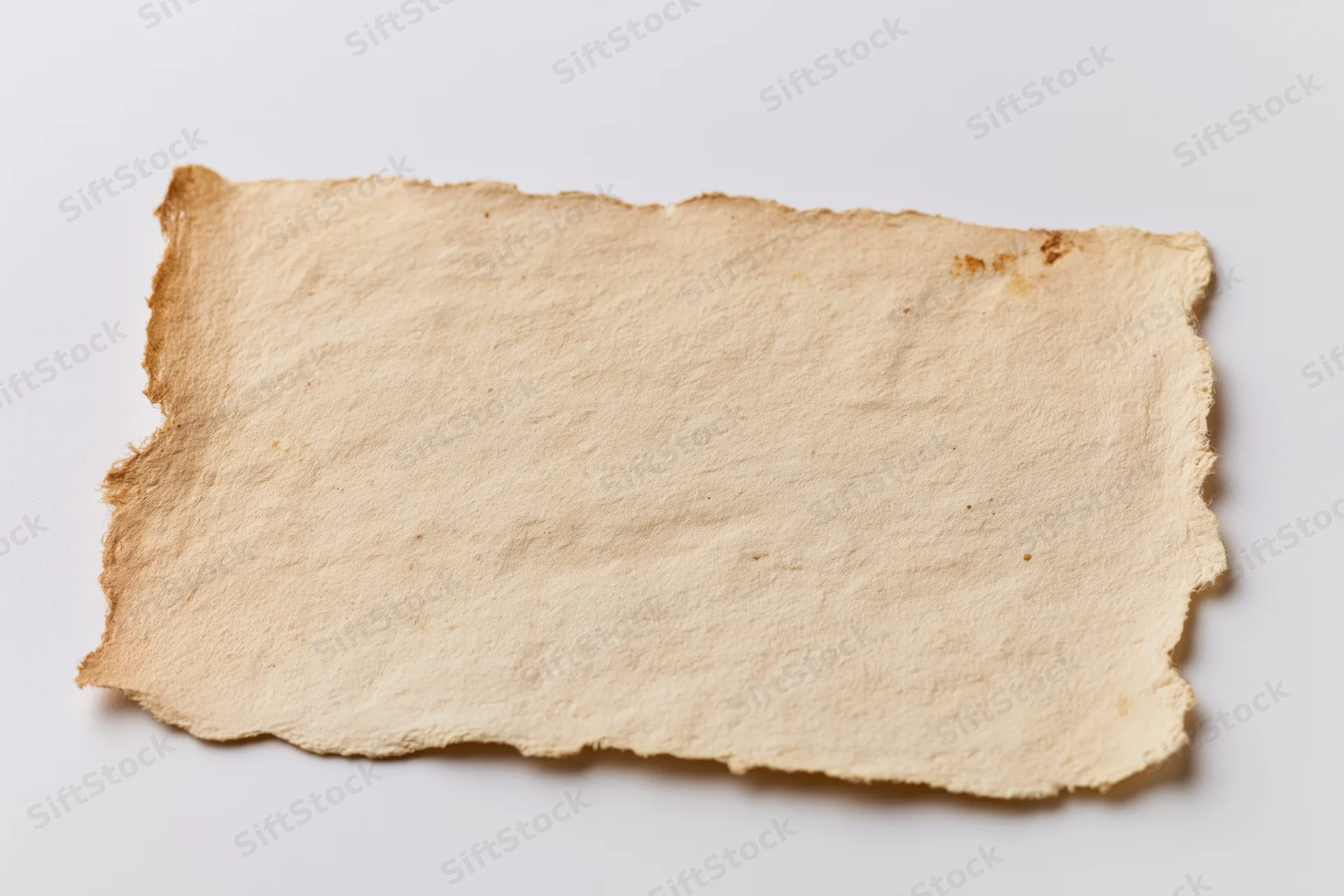 Aged paper card with torn edges lying flat on white surface