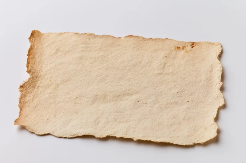 Aged paper card with torn edges lying flat on white surface
