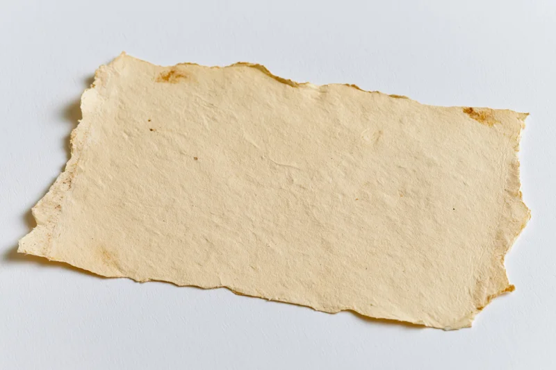 Torn aged paper lying flat on white surface