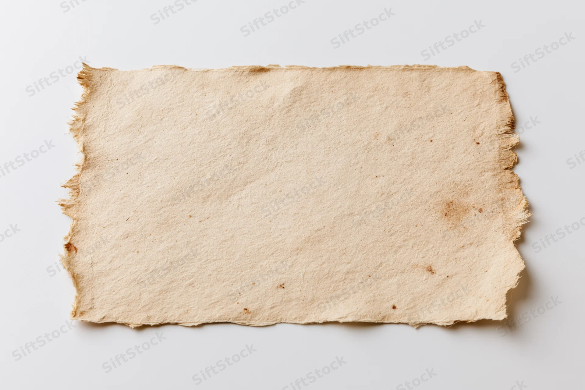 Aged paper card with torn edges lying flat on white surface