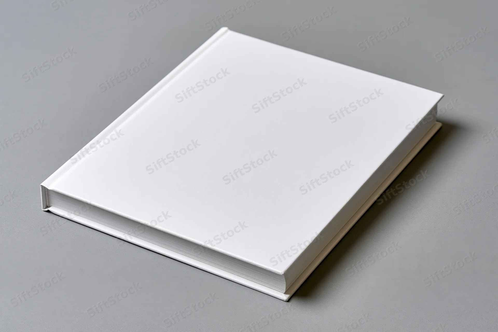 Blank white hardcover book lying flat on gray surface with copyspace