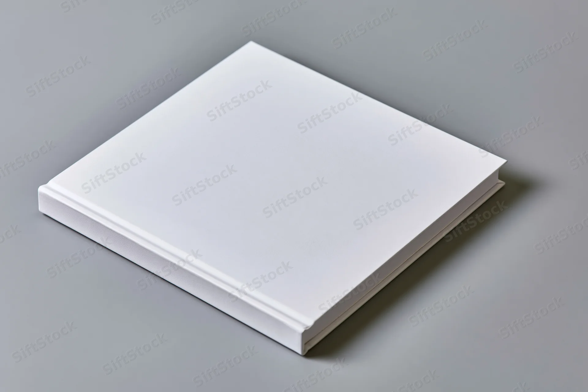Blank white hardcover book lying flat on gray surface with copyspace