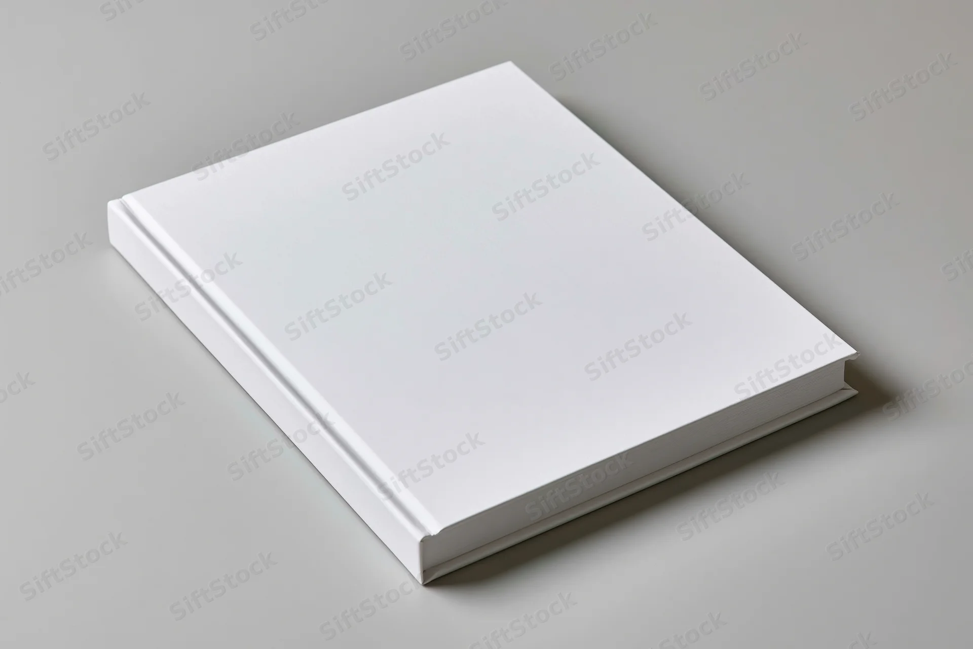 Blank white hardcover book lying flat on a neutral surface with copyspace for design or branding
