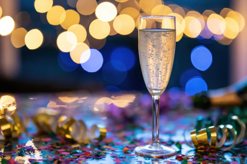 Champagne flute filled with sparkling wine on a festive table with confetti and streamers, bokeh lights in the background