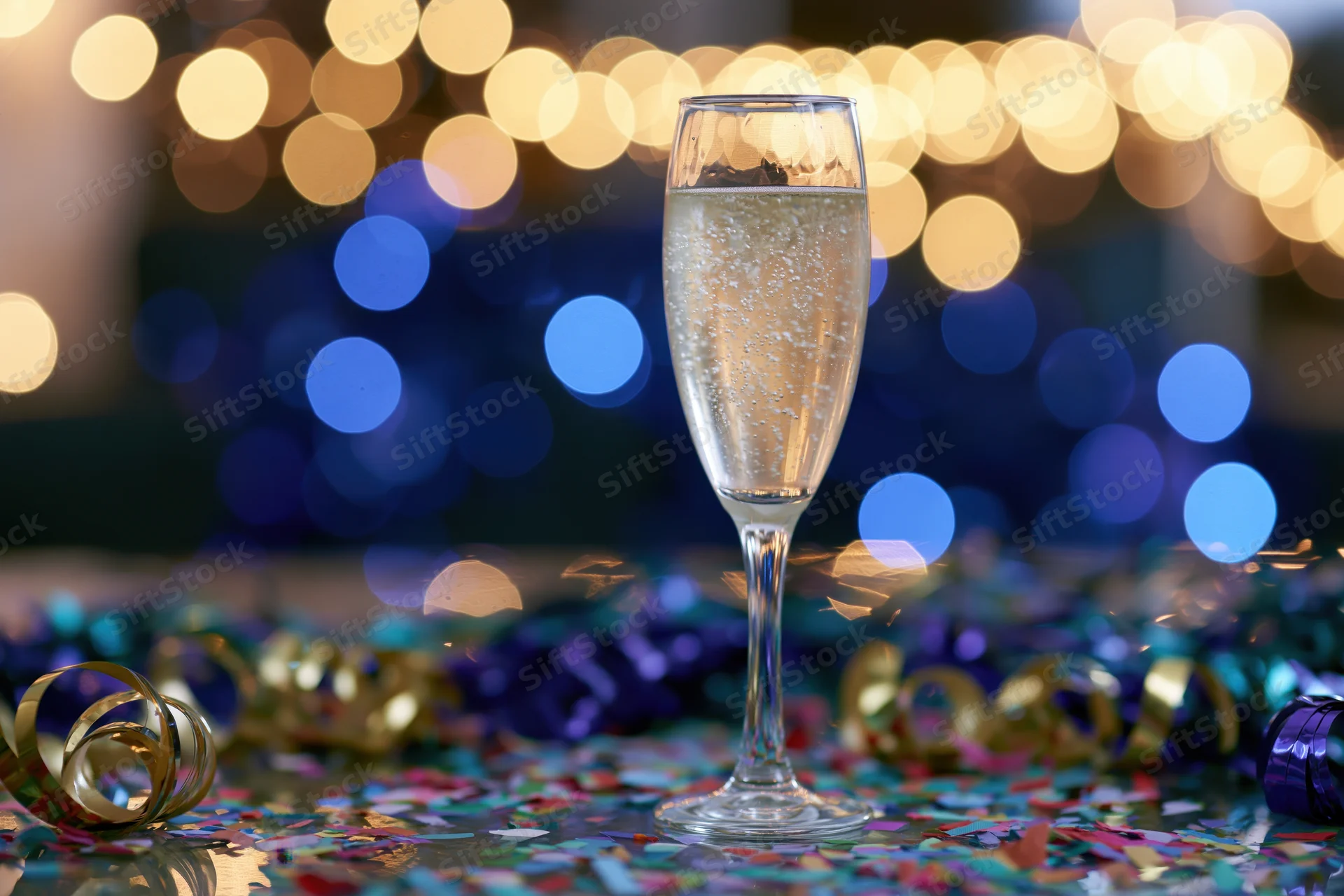 Champagne flute filled with sparkling wine on a table scattered with confetti and streamers, with blurred festive lights in the background