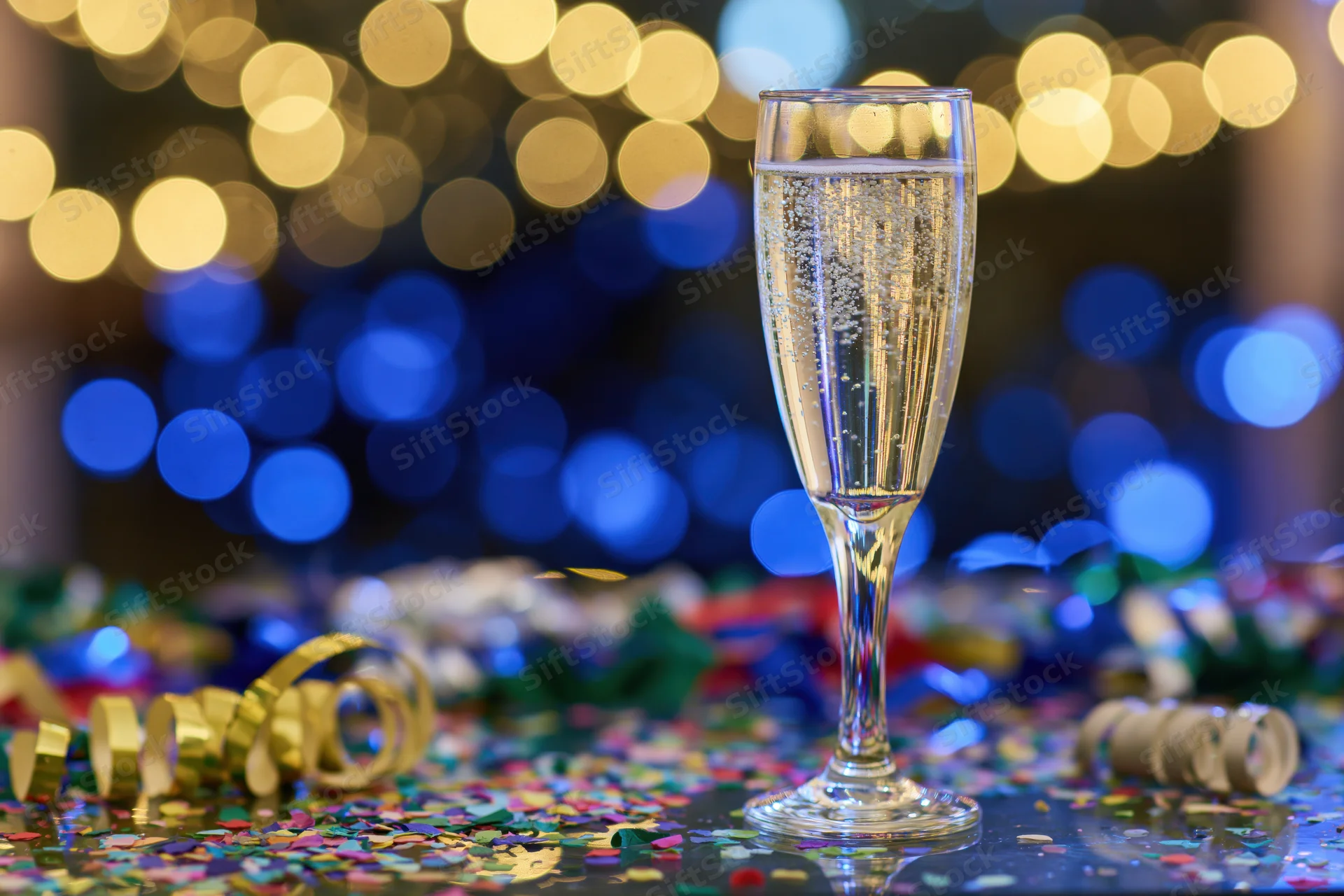 Champagne flute filled with sparkling wine on a table covered in confetti and streamers with blurred festive lights in the background
