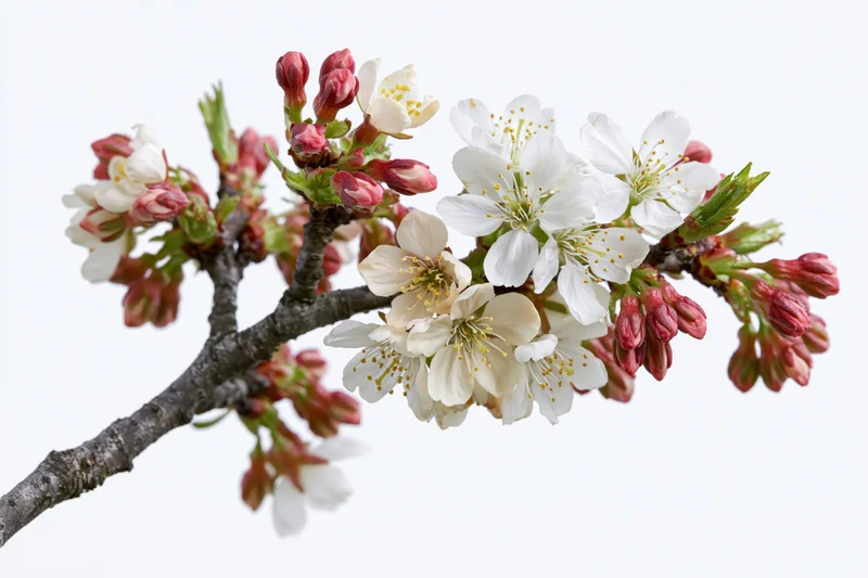 Cherry blossom branch with white and pink flowers blooming against white background