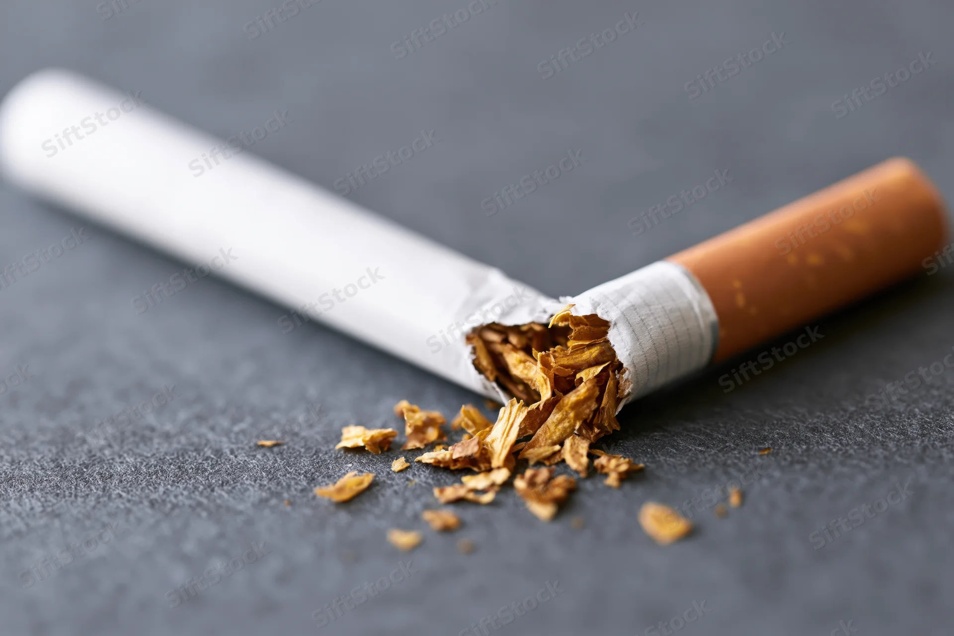 Broken cigarette with shredded tobacco spilling onto dark surface