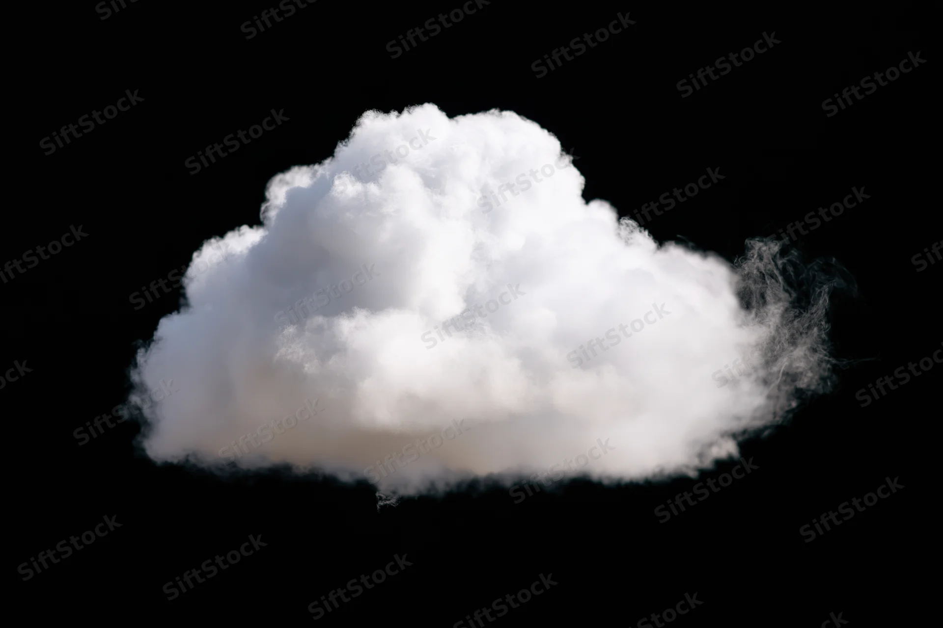 Fluffy white cumulus cloud isolated against black background