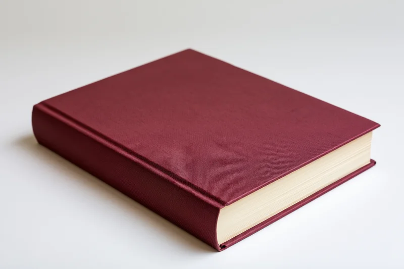 A hardcover book with a dark red cloth cover resting on a white surface