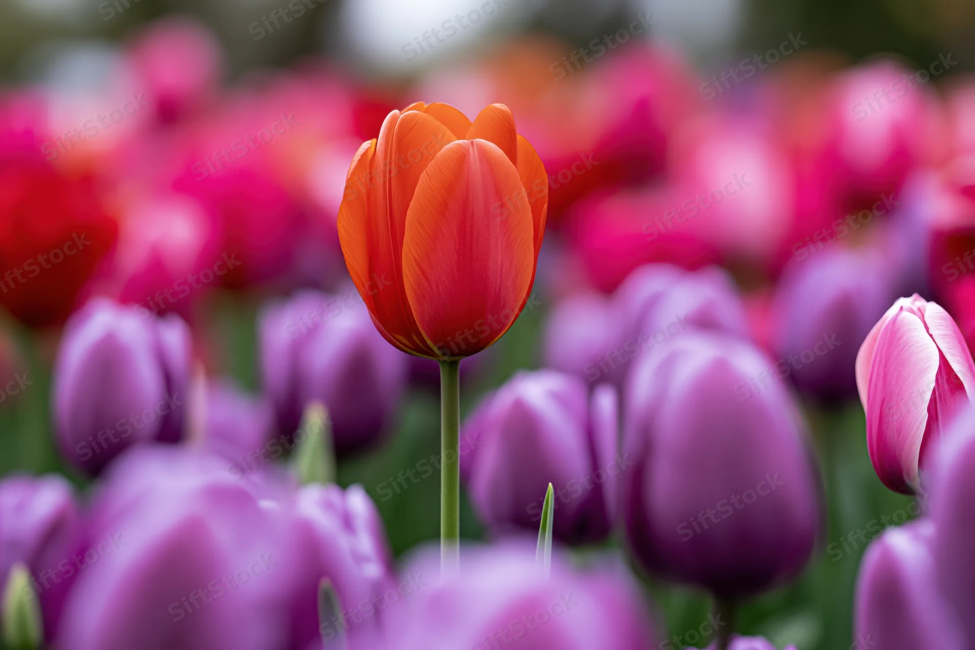 Single orange-red tulip standing taller among purple and pink tulips in a garden