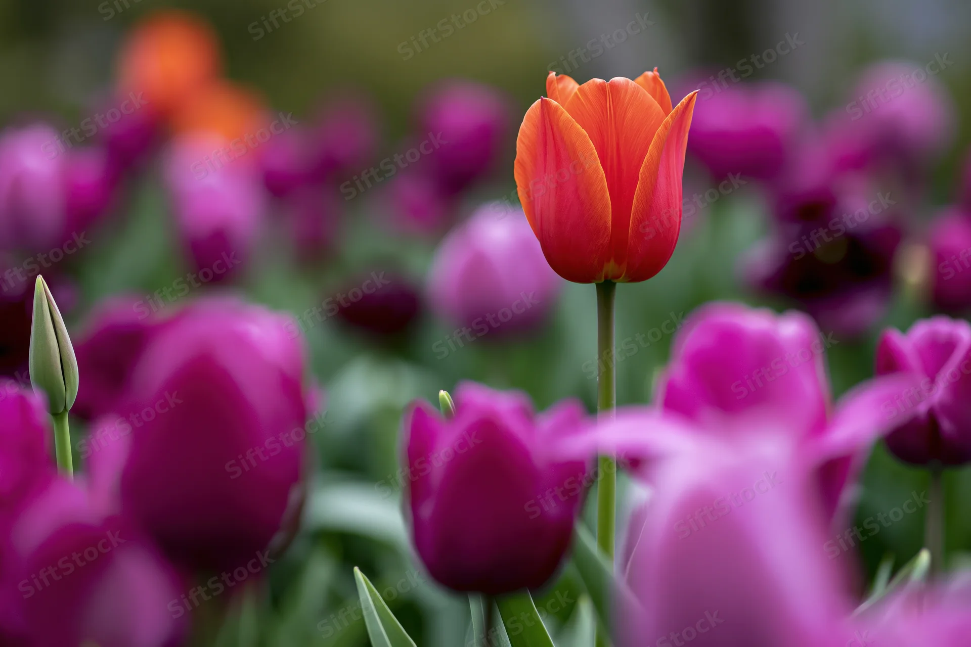 Single orange-red tulip blooming among purple tulips in a garden bed