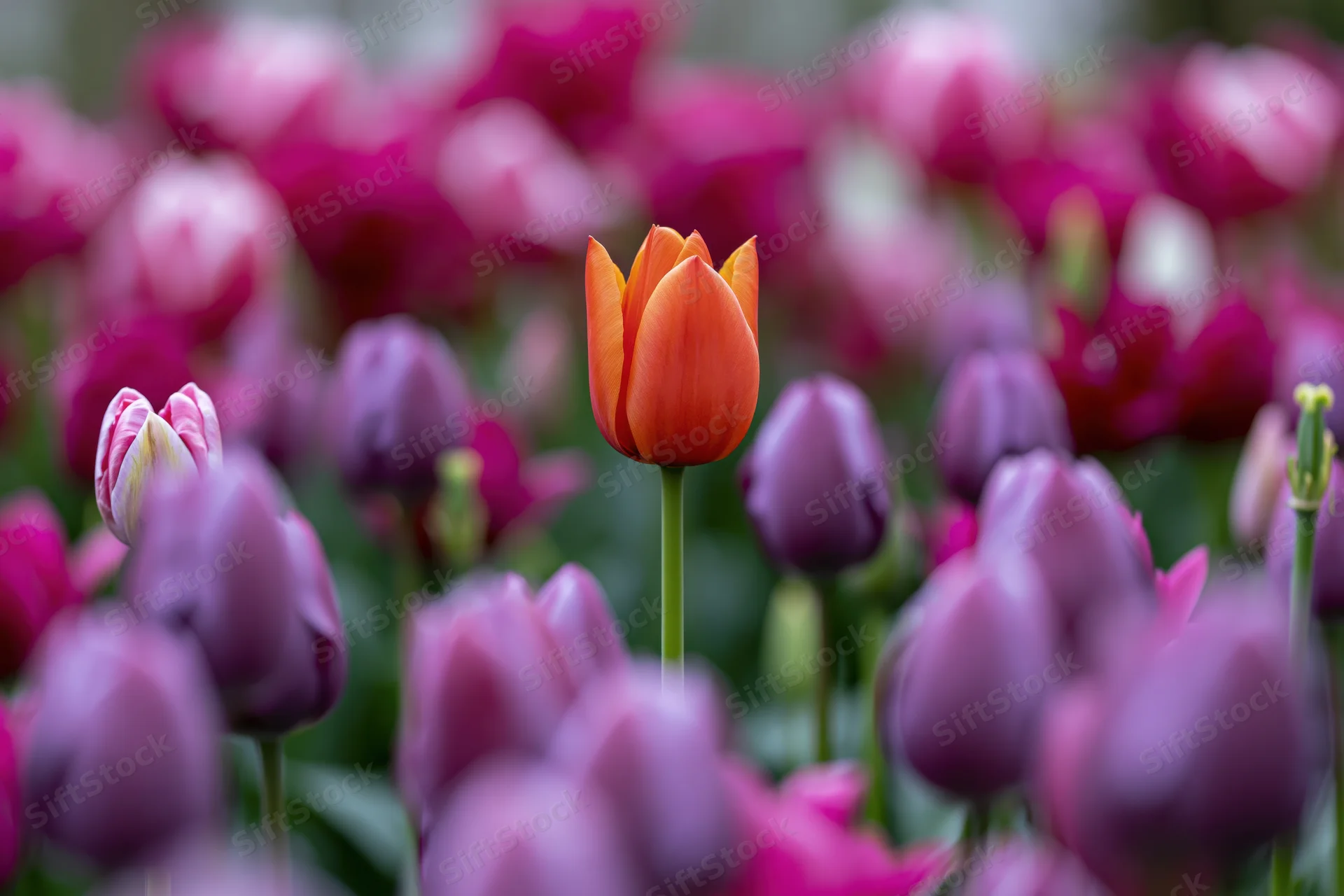 Single orange tulip blooming among pink and purple tulips in a garden