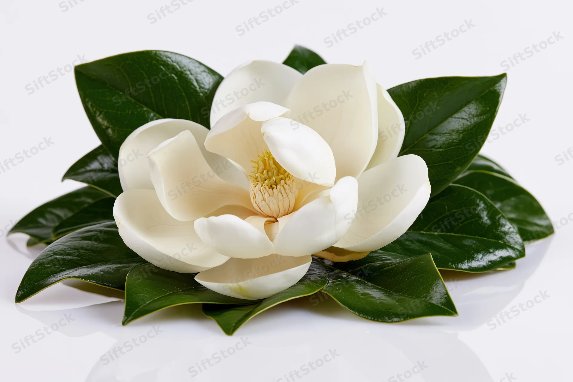 White magnolia bloom with glossy green leaves on a reflective white surface