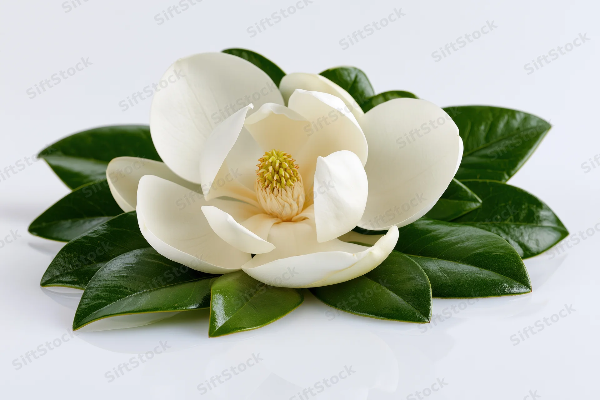 White magnolia bloom with glossy green leaves on a reflective white surface