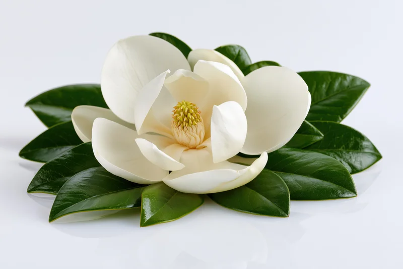 White magnolia bloom with glossy green leaves on a reflective white surface