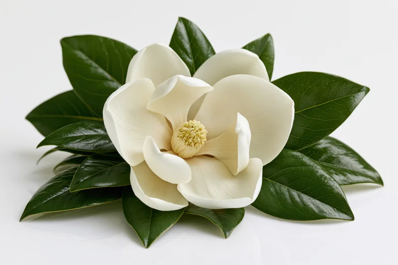 White magnolia bloom with glossy green leaves arranged on a plain white surface