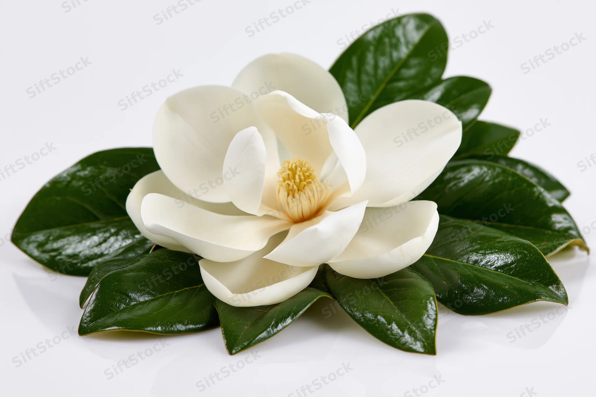 White magnolia bloom with glossy green leaves on a white surface