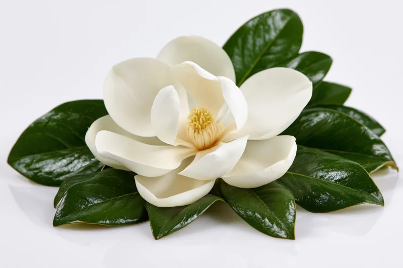 White magnolia bloom with glossy green leaves on a white surface