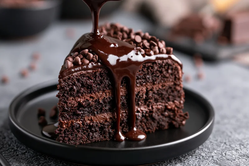 Slice of dark chocolate layer cake with chocolate glaze dripping onto a matte black plate