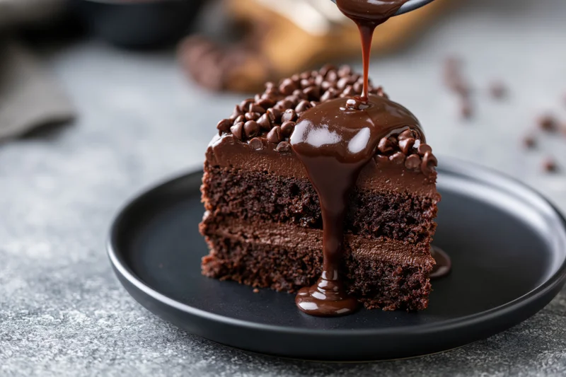Slice of dark chocolate layer cake on matte black plate with chocolate syrup being poured over it
